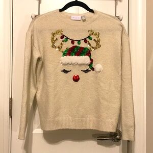 Cute The Children’s Place sparkly cream sweater with 3D reindeer (XL/14)